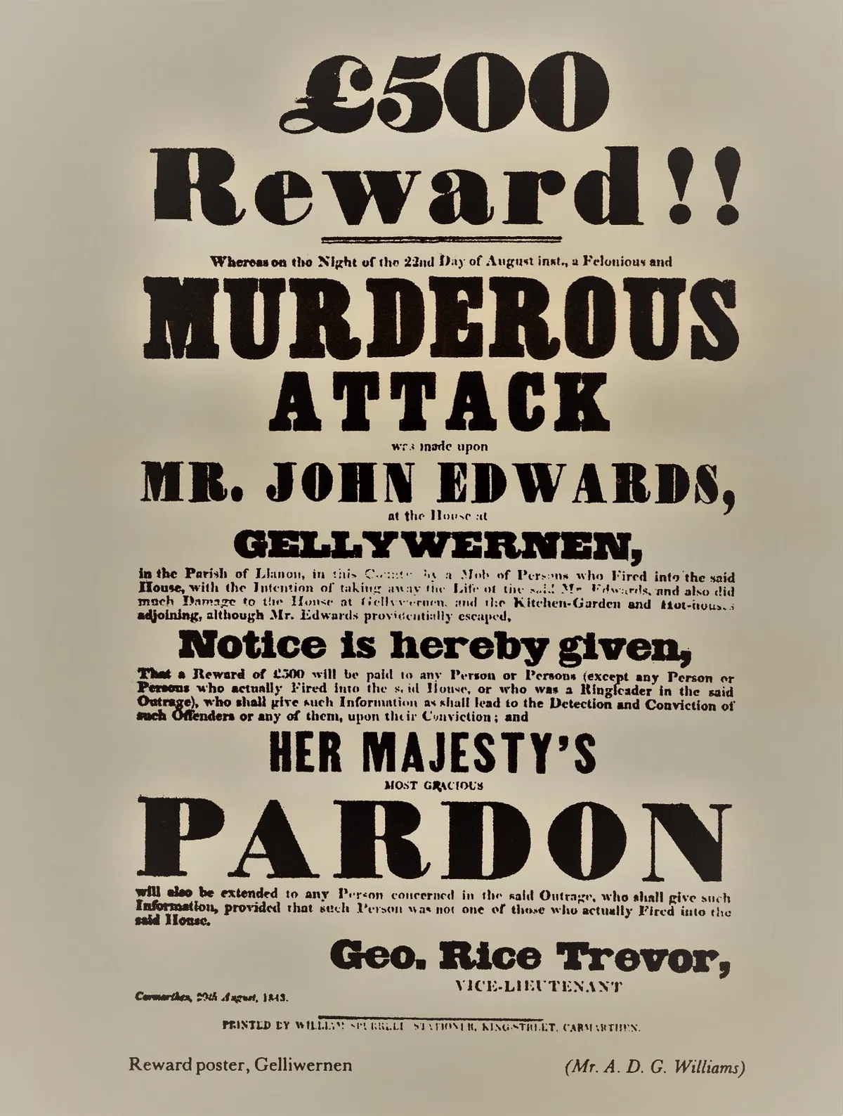 1843 reward poster: five hundred pounds and Her Majesty's pardon offered after the attack