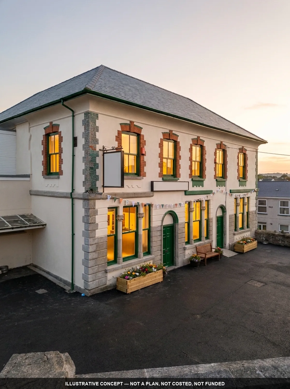 Illustrative concept of the same frontage cleaned and repaired, warm light in the windows